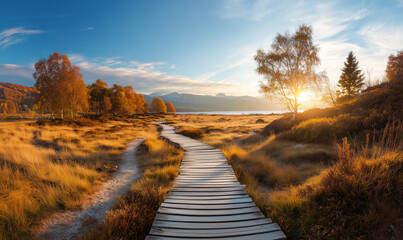 peaceful landscape in autumn season in sunrise light