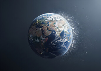 Fototapeta premium Digital art of planet Earth dissolving into particles, symbolizing climate change and global crisis, perfect for editorial and awareness campaigns