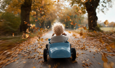 happy little boy playing with toy car in autumn park	
