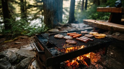 A barbecue is taking place in a lush forest by a tranquil lake. Juicy burgers and sausages are sizzling over an open flame, creating a delightful aroma in the fresh air.