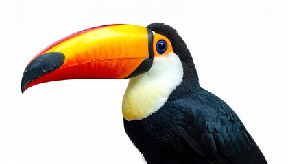 Toucan bird with oversized colorful beak glossy black feathers and white chest exotic tropical bird isolated on white background
