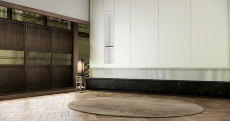 Cabinet wooden japanese design on living room zen style empty wall background.3D rendering