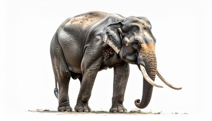 Obraz premium Asian elephant with long trunk curved tusks wrinkled gray skin and massive wild mammal body isolated on white background 