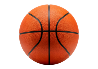 A close-up view of an orange basketball against a stark black backdrop, highlighting its textured surface and black seams.