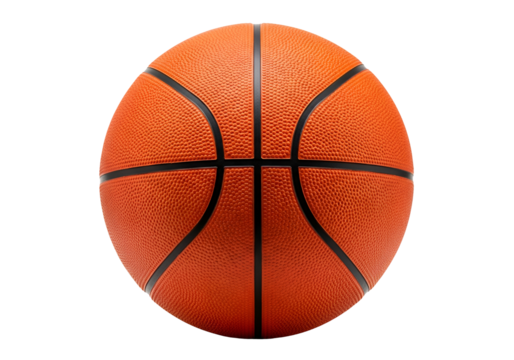 A close-up view of an orange basketball against a stark black backdrop, highlighting its textured surface and black seams.