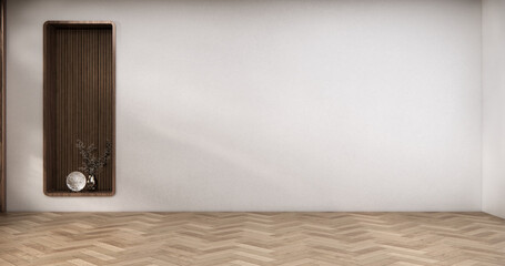 mock up Empty room Shelf wall zen style and decoraion wooden design, earth tone.3D rendering