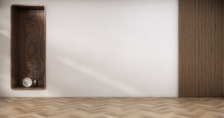 mock up Empty room Shelf wall zen style and decoraion wooden design, earth tone.3D rendering