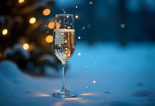 A single champagne glass filled with sparkling wine, with a reflection of a Christmas tree in the glass, set against a backdrop of a snowy winter scene, with soft, diffused lighting.