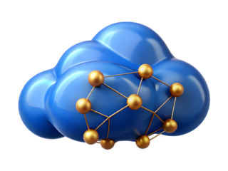 Abstract blue cloud with interconnected golden nodes and lines on black background