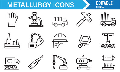 Vector metallurgy equipment icons – editable stroke illustrations of factory, helmet, hammer, gear, and truck