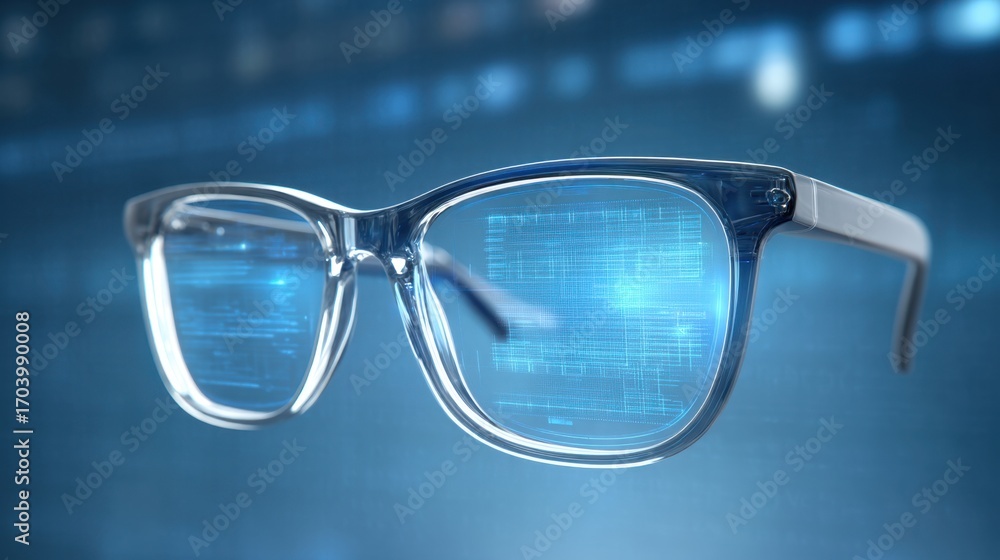 Poster Futuristic Eyeglasses with Digital Overlay and Technology Background for Enhanced Vision and Innovation Concepts in Modern Life