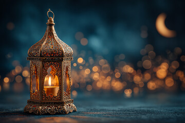 Ornate gold lantern glows on dark teal texture; soft bokeh moon. Festive holiday celebration, social media template, Ramadan background.