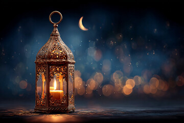 Gold lantern shines; bokeh lights create a cinematic backdrop. Suitable for Ramadan, Eid, religious themes, or elegant product photography.
