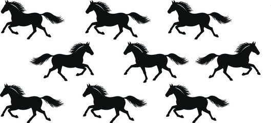 Set of black horse running silhouettes in various dynamic poses, perfect for equestrian, wildlife, vector art, nature, and motion design projects.