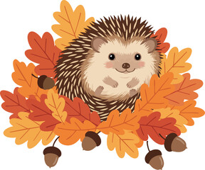 Hedgehog resting on colorful autumn leaves with acorns in warm fall colors vector illustration