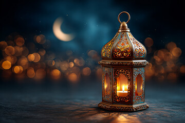Teal and bronze lantern shines, casting bokeh on a cool night. Great for Ramadan or holiday backdrops, or for product presentation.