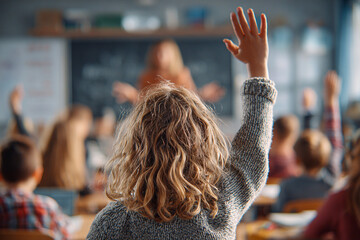 Blond curls and textured sweater stand out in classroom, for education, teaching, and learning content.
