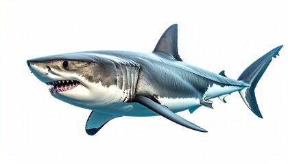 Fototapeta premium Great white shark with streamlined gray body sharp teeth dorsal fin and powerful aquatic predator design sea animal isolated on white background 