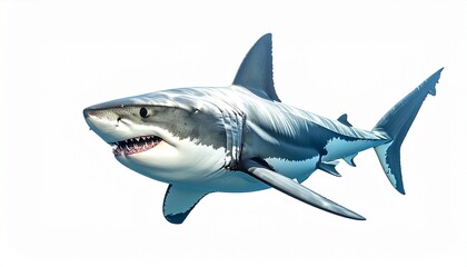 Fototapeta premium Great white shark with streamlined gray body sharp teeth dorsal fin and powerful aquatic predator design sea animal isolated on white background 