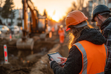 Construction engineer utilizes tablet at the construction site during sunset for industrial inspection or engineering presentation.