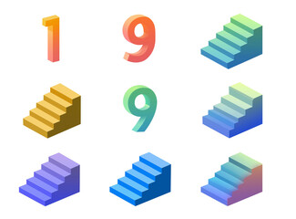 3D Numbers and Staircase Icons &ndash; Gradient Isometric Illustration Set