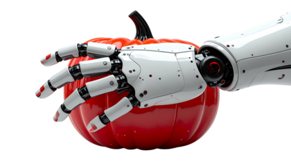 A robotic hand delicately holding a vibrant red pumpkin