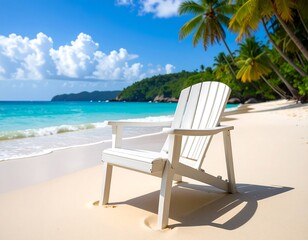 Tropical beach scene with a white chair
