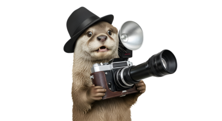 Funny otter photographer wearing a hat and holding a camera isolated PNG with Transparent Background