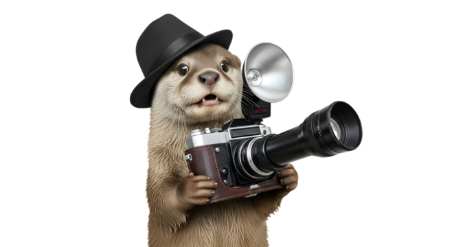 Funny otter photographer wearing a hat and holding a camera isolated PNG with Transparent Background - Powered by Adobe
