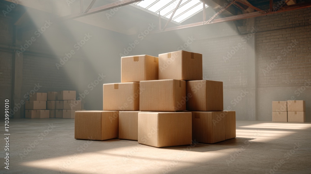 Poster stacked brown cardboard boxes in a warehouse with sunlight streaming through windows creating dramat