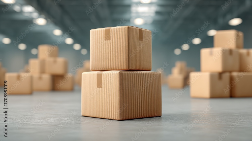 Poster stacked cardboard boxes in a warehouse setting with blurred background showcasing storage environmen