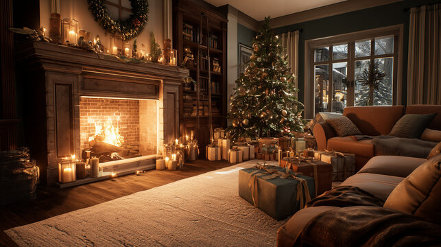 Christmas Home Decor with Warm Fireplace and Festive Tree, Gift-Wrapped Presents and Cozy Lighting
