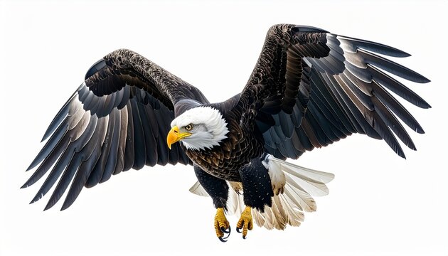 Bald eagle bird with sharp talons wide wings white head and strong predator flight pose isolated on white background