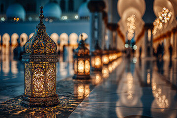 Gold filigree glows, reflecting blue light on polished floor. This creates warm cinematic scene for religious events, background, or product photography.
