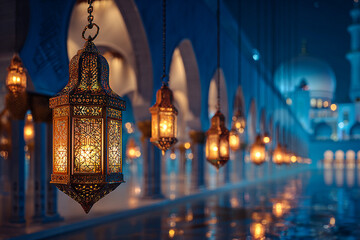 Fototapeta premium Amber lanterns glow softly, showcasing Arabic design and textures, perfect for religious event backgrounds or elegant cinematic visuals.