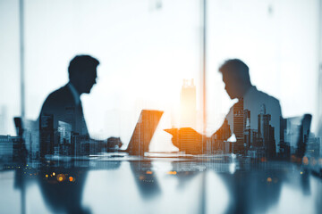 Blue cinematic image shows business silhouettes overlaying city buildings. Great for financial branding, corporate presentation, video backdrop.