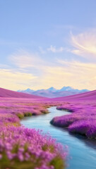 A vibrant landscape with a river flowing through a field of purple flowers under a clear blue sky, creating a picturesque and inviting scene, perfect for evoking feelings of joy and wonder