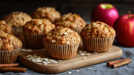 Delicious apple cinnamon muffins sit on a wooden board along with fresh apples and cinnamon sticks, showcasing a warm and cozy baking atmosphere perfect for fall.