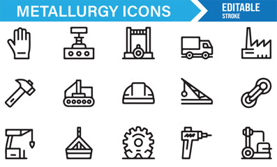Fototapeta premium Editable metallurgy line icons – tools, machines, workers, and foundry equipment for industrial projects