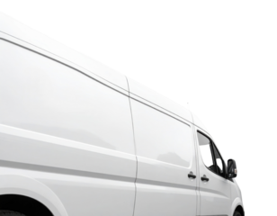 A sleek white van against a black background, showcasing its design and structure.