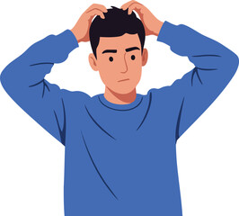 Young man in blue sweater scratching head confused or thinking vector illustration of puzzled male character