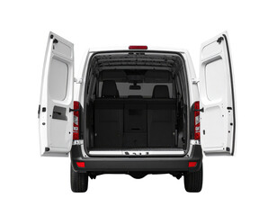 A white van with open rear doors, showcasing its spacious interior designed for cargo or transportation.