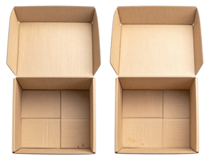Two empty cardboard boxes are shown, one with a lid propped open, showcasing their simple, functional design for storage or shipping.