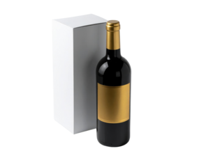 A sleek wine bottle with a golden label, accompanied by a simple white box.