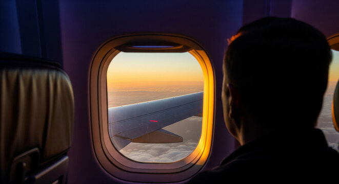 Passenger watches a breathtaking sunrise from an airplane window.