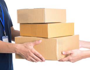 Two hands are exchanging three stacked cardboard boxes, symbolizing delivery, logistics, or commerce against a black background.