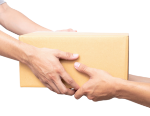 Two hands exchanging a brown cardboard box, symbolizing delivery, sharing, or gift-giving against a black background.