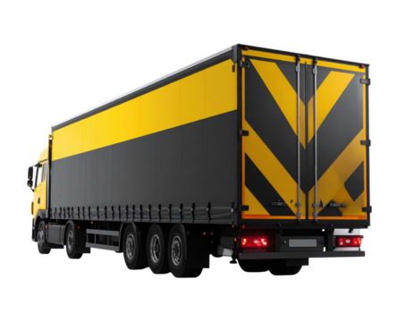 A large truck with a distinctive yellow and black design, featuring a spacious cargo area designed for transportation.