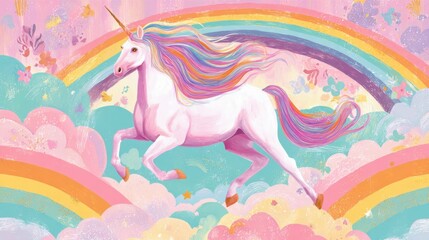 A vibrant unicorn with flowing multicolored mane runs across pink fluffy clouds beneath a bright sky filled with rainbow arcs, creating a joyful fantasy atmosphere.