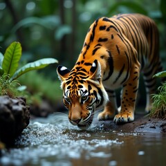 Wild tiger drinking from flowing stream